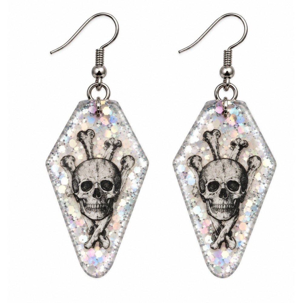 Dangle Clear Coffin Skull Resin Earrings Silver Glitter Goth Halloween OOAK